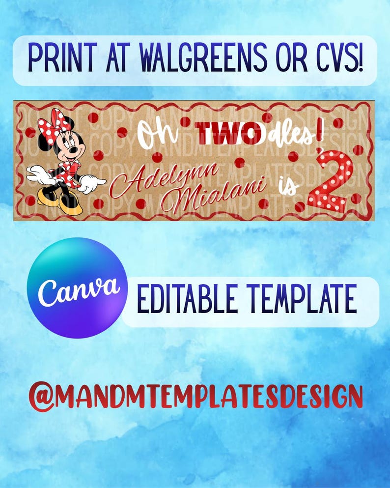 May include: A rectangular birthday banner template featuring a brown background with red polka dots and a wavy red border. It displays the text Oh TWOdles! Adelynn Mialani is 2, alongside a cartoon mouse character wearing a red polka dot bow.