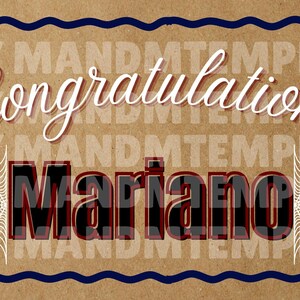 May include: A rectangular banner with a brown background featuring a dark blue scalloped border, white spiderwebs, a black spider, and a red and blue character wearing a graduation cap. Text reads: Congratulations Mariano CLASS OF 2026.