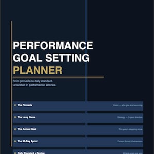 Pode incluir: Um planejador azul escuro intitulado "PERFORMANCE GOAL SETTING PLANNER" com texto branco e dourado. O planejador inclui seções para definição de metas, visão, estratégia e revisão diária. O texto "From pinnacle to daily standard. Grounded in performance science." também é visível.