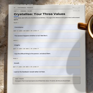 May include: A white printed worksheet titled Crystallise: Your Three Values, featuring sections for Consistency, Integrity, and Growth with behavioral definitions. The document includes a carry-forward note at the bottom and page number 17 of 42.