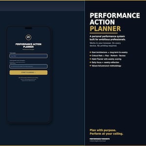 Może przedstawiać: Cyfrowa makieta interfejsu aplikacji mobilnej dla "Performance Action Planner". Aplikacja ma ciemnoniebieski i złoty schemat kolorów, z polami tekstowymi do wprowadzania danych przez użytkownika i przyciskiem "Start Planning". Logo aplikacji to monogram "PT".