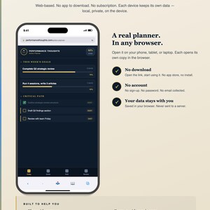 May include: An advertisement for a web-based action planner, accessible in any browser on any device. The image shows a smartphone displaying the planner's interface, with text highlighting features like no download, no account, and data privacy. The brand name is "Performance Thoughts."