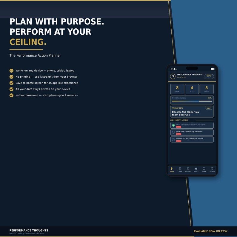 May include: Dark blue graphic with the text "PLAN WITH PURPOSE. PERFORM AT YOUR CEILING." and "The Performance Action Planner." A smartphone displays an app interface. The app shows progress bars and action items. The bottom right corner says "AVAILABLE NOW ON ETSY."