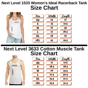 Puede incluir: Tablas de tallas para los modelos Next Level 1533 y 3633. Las tablas muestran tallas de la XS a la 2XL, con medidas de ancho y largo en cent&iacute;metros. La imagen incluye una mujer con una camiseta sin mangas blanca y un hombre con una camiseta sin mangas blanca.