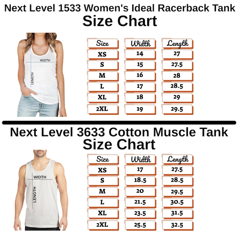 Puede incluir: Tablas de tallas para los modelos Next Level 1533 y 3633. Las tablas muestran tallas de la XS a la 2XL, con medidas de ancho y largo en cent&iacute;metros. La imagen incluye una mujer con una camiseta sin mangas blanca y un hombre con una camiseta sin mangas blanca.