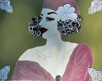 Original handmålad canvas med blandteknik | Vintage glamourös blommig väggkonst (29x23)