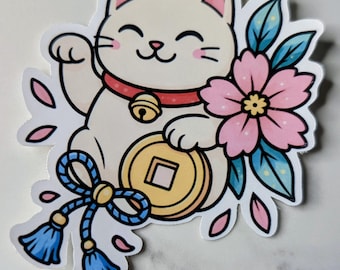 Lucky Cat Sticker, Maneki Neko Sticker, Cute Cat Vinyl Decal, Kawaii Laptop Sticker, Good Luck vinyl/Holographic Sticker