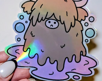 Melting Highland Cow Sticker | Sad Kawaii Vinyl Laptop Decal (Holographic)