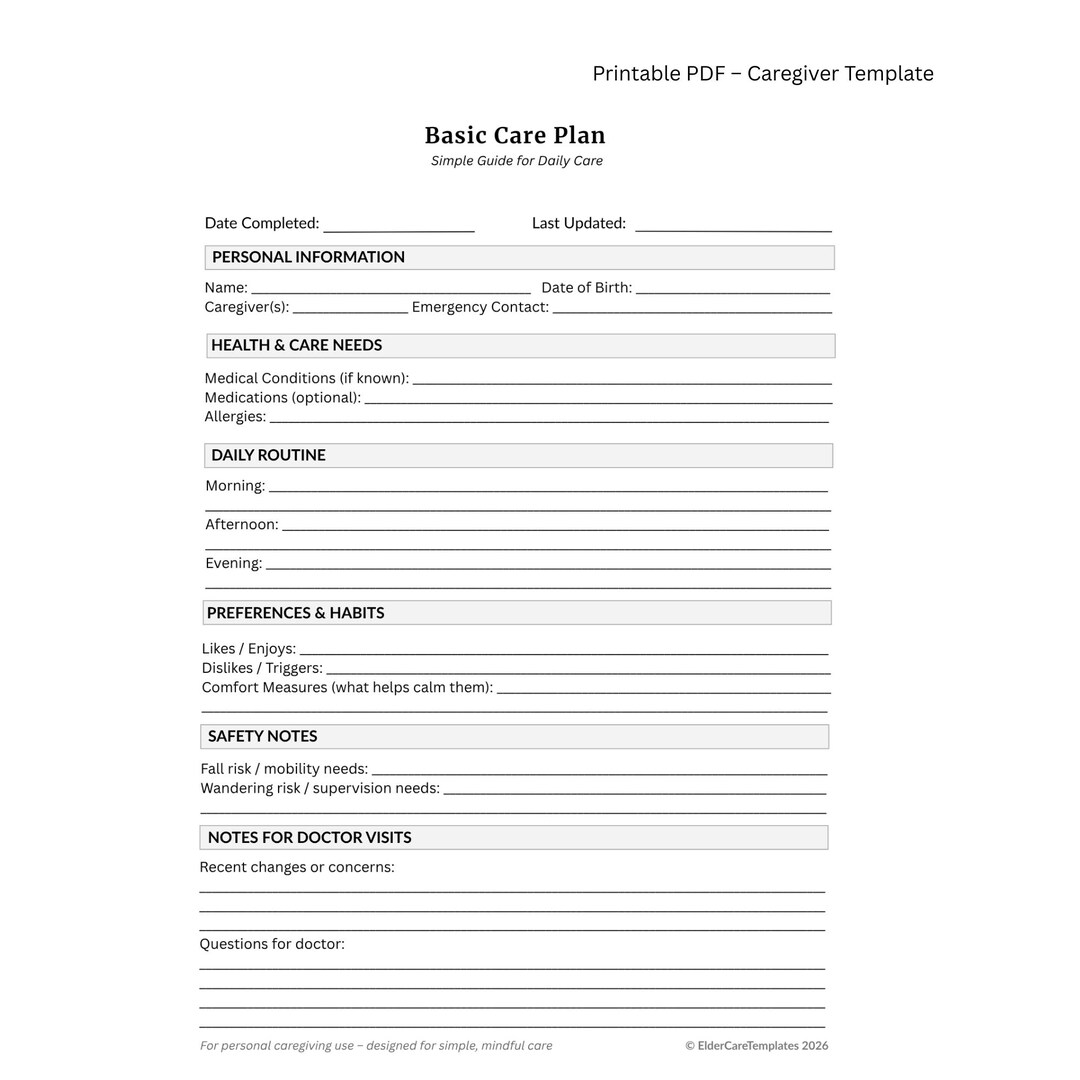 Care Routine Plan Template Basic Care Plan Printable | Caregiver Organizer | Senior & Dementia ...