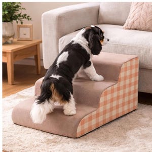 May include: A two-step pet stair in a neutral beige colour with a peach and white gingham pattern on the sides. A black, white, and brown dog is using the stairs. The stairs are placed in front of a beige sofa.