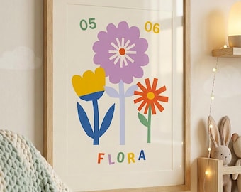Lámina decorativa floral personalizada para la habitación del bebé, arte de pared floral personalizado para la habitación del bebé, regalo imprimible para baby shower.