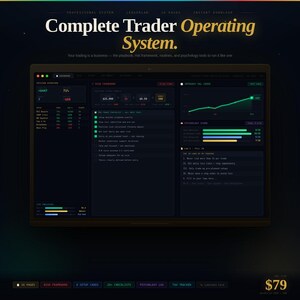 May include: A digital display of the "Complete Trader Operating System" with a dark theme. The screen shows data visualizations, charts, and text. The text includes "Risk Framework", "Setup Cards", and "Psychology Log". The price is $79.
