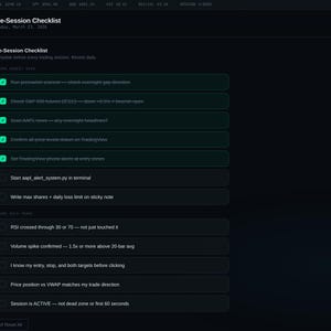 May include: A dark-themed computer screen displays a "Pre-Session Checklist" with various trading-related tasks. The interface includes a menu on the left and a checklist with green checkmarks. The text "EDGE" is visible at the top left.