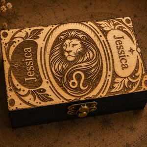 Personalized Leo Zodiac Wooden Box - Custom Name Engraved Lid - Handmade Keepsake Jewelry Box - Astrology Birthday Gift for Her