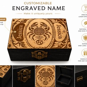 Puede incluir: Una caja rectangular de madera con acabado oscuro y tapa clara que presenta un diseño de cangrejo grabado con láser, el símbolo del zodiaco Cáncer y el nombre Jessica. La caja incluye un cierre metálico y bisagras, con vistas adicionales.