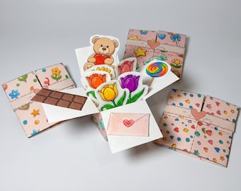 Tarjeta imprimible con forma de caja de flores desplegable, manualidad de papel para regalo, tarjeta sorpresa para el Día de la Madre, plantilla de caja de regalo 3D, actividad para colorear para niños.
