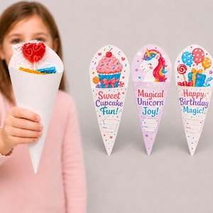 May include: A white paper cone filled with candy and a heart-shaped lollipop. Three decorative ice cream cone-shaped cards with text: "Sweet Cupcake Fun!", "Magical Unicorn Joy!", and "Happy Birthday Magic!" are displayed.