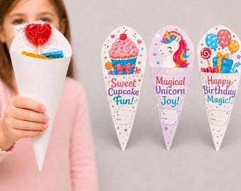 Soportes imprimibles para conos de dulces de cumpleaños: Cupcake, Unicornio, Globos (Descarga digital)