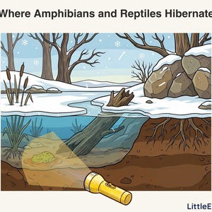 Puede incluir: Ilustración colorida que representa una escena invernal con el texto "Dónde hibernan anfibios y reptiles". Una linterna amarilla ilumina una rana bajo el agua. La escena incluye árboles, nieve y un estanque helado.