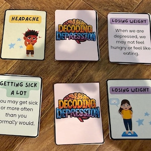 Peut inclure: Six cartes rectangulaires du jeu Decoding Depression. Deux cartes présentent le logo avec une illustration de cerveau. Les autres cartes montrent des illustrations et du texte décrivant des symptômes : maux de tête, perte de poids et maladies fréquentes.