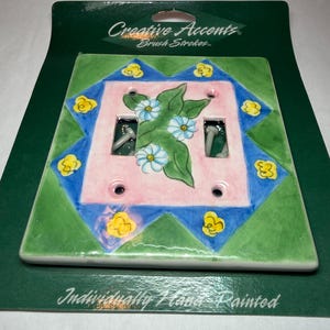 Può includere: Una copertura per interruttore della luce doppia in ceramica con un design floreale dipinto a mano. La copertura presenta un centro rosa, bordi blu e verdi e accenti floreali gialli. Il testo "Creative Accents Brush Strokes" e "Individually Hand Painted" sono visibili.