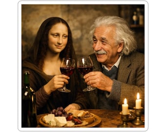 Adesivo con la Gioconda e lo scienziato che bevono vino / Adesivo fustellato