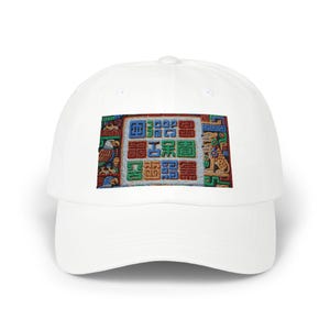 May include: White baseball cap featuring a colorful rectangular design with text and images of an eagle and a jaguar. The design is in shades of blue, green, red, and brown. The cap is made of a soft, durable material.