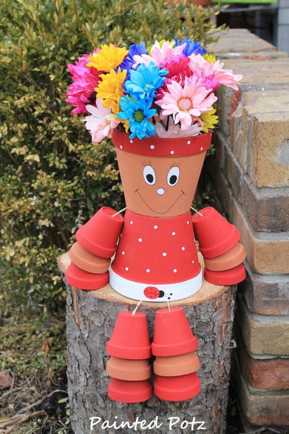 Items similar to Ladybug flower pot person, clay painted pot, planter