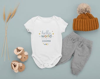 Hello World name personalized Infant Bodysuit | newborn announcement, stars and moon design | Customized