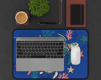 Sea Turtle Desk Mat | Ocean Coral Reef Mouse Pad, Neoprene Workspace Accessory