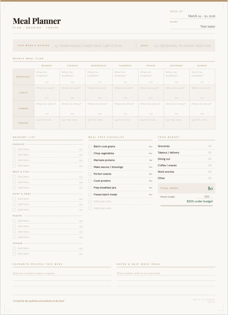 Food Plan Note Weekly Meal Planner Printable – Menu, Grocery List, Budget Tracker ...
