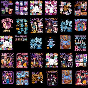 May include: A collection of graphic designs featuring various themes, including Halloween, ghosts, and anime-style characters. The designs incorporate text elements like "SAJA BOYS", "HUNTRIX", and "K-POP DEMON HUNTERS", with a dark background.