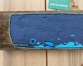 Deep Dive Blue Moby Whale Hand-painted on Reclaimed Maine Barnwood