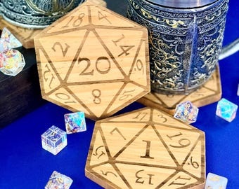 Double-Sided D20 Wood Coaster | Natural 20 & Natural 1 | Laser Engraved DnD Gift