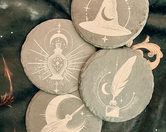 Witchy Slate Coaster | Laser Engraved Moon Design | Gothic Cottagecore Decor