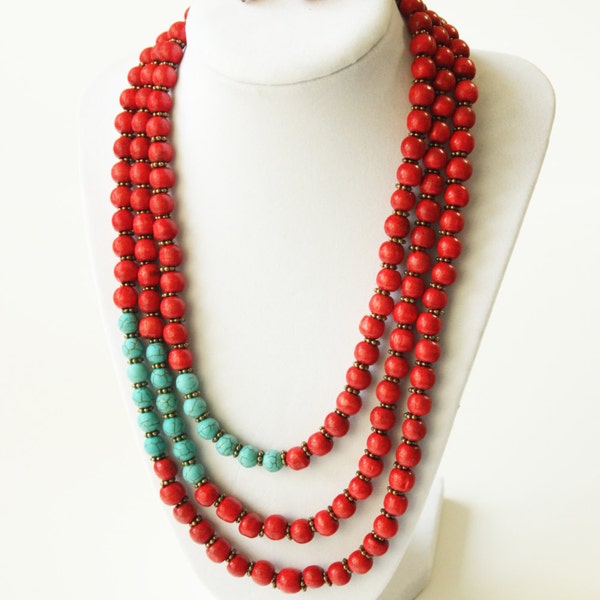 3 Strand Turquoise and Red Wooden Necklace, 22" long, 8mm wide, FREE SHIPPING within USA