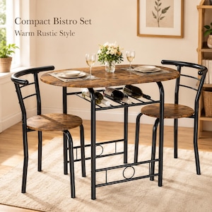 May include: A bistro set featuring an oval table with a brown wood-grain finish and black metal frame, accompanied by two matching chairs. The table includes a lower shelf holding two wine bottles, and the tabletop displays two place settings.