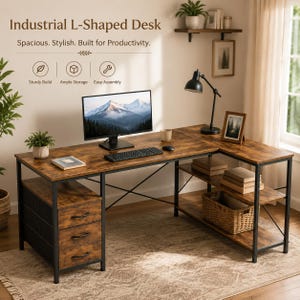 May include: An L-shaped desk with a dark wood grain surface and a black metal frame. It features three drawers on the left side, open shelving on the right, and cross-brace supports. The text Industrial L-Shaped Desk is visible above.