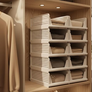 May include: A wooden closet with a built-in storage system. The system features white, perforated plastic bins stacked in a column. The bins hold folded clothing in various neutral colors. Sweaters hang on a wooden rod to the left.