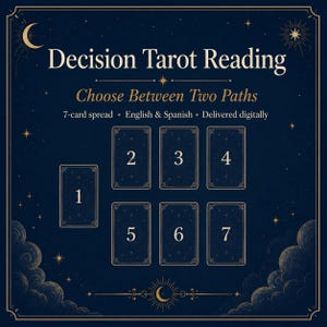 May include: A dark blue graphic featuring the text Decision Tarot Reading and Choose Between Two Paths. It displays a 7-card spread layout with numbered rectangles from 1 to 7, decorated with gold celestial stars, moons, and clouds in the corners.