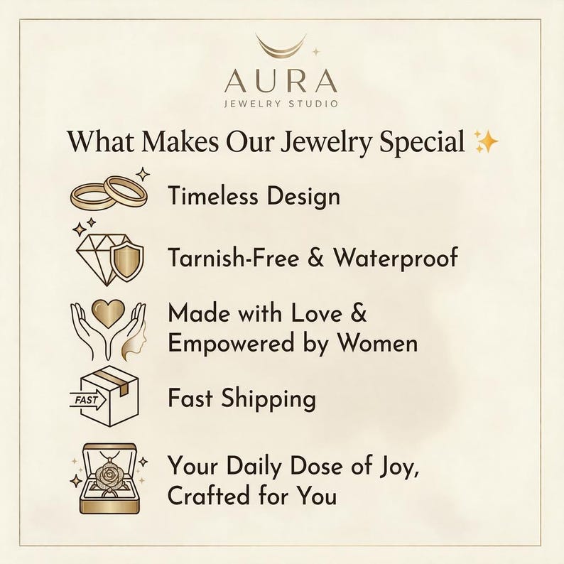 K&ouml;nnte beinhalten: Cremefarbene Grafik mit dem Text "AURA JEWELRY STUDIO" und "What Makes Our Jewelry Special." Enth&auml;lt "Timeless Design", "Tarnish-Free & Waterproof", "Made with Love & Empowered by Women" und "Your Daily Dose of Joy, Crafted for You."