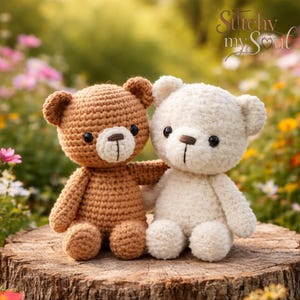 May include: Two handmade crochet teddy bears, one brown and one cream, sit together on a tree stump. The bears have black eyes and stitched features. The background is a blurred view of a flower garden, with the text "Stitchy my Soul" in the upper right corner.