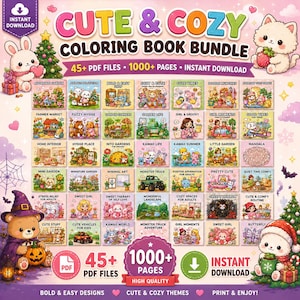 Mysigt målarbokspaket | 1000+ utskrivbara målarbilder i PDF-format | Söt kawaii målarbok för vuxna | Omedelbar digital nedladdning