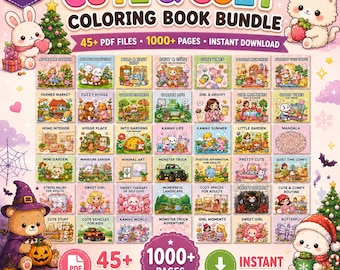 Pacote de Livros de Colorir Aconchegantes | Mais de 2000 Páginas para Colorir Imprimíveis em PDF | Livro de Colorir Fofo e Kawaii para Adultos | Download Digital Instantâneo