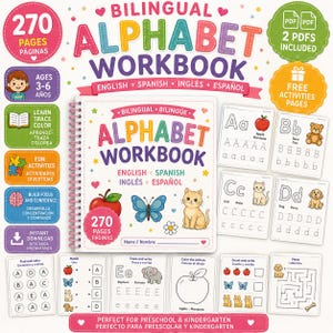 May include: A bilingual English and Spanish alphabet workbook with 270 pages, featuring a spiral-bound cover with a red apple, blue butterfly, and orange kitten illustration. Includes various activity sheets for tracing, colouring, and counting letters.