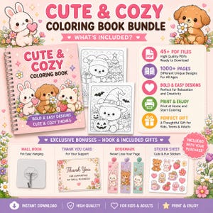 Cozy coloring book bundle with 1000 printable kawaii coloring pages for adults and teens, bold easy relaxing digital PDF download