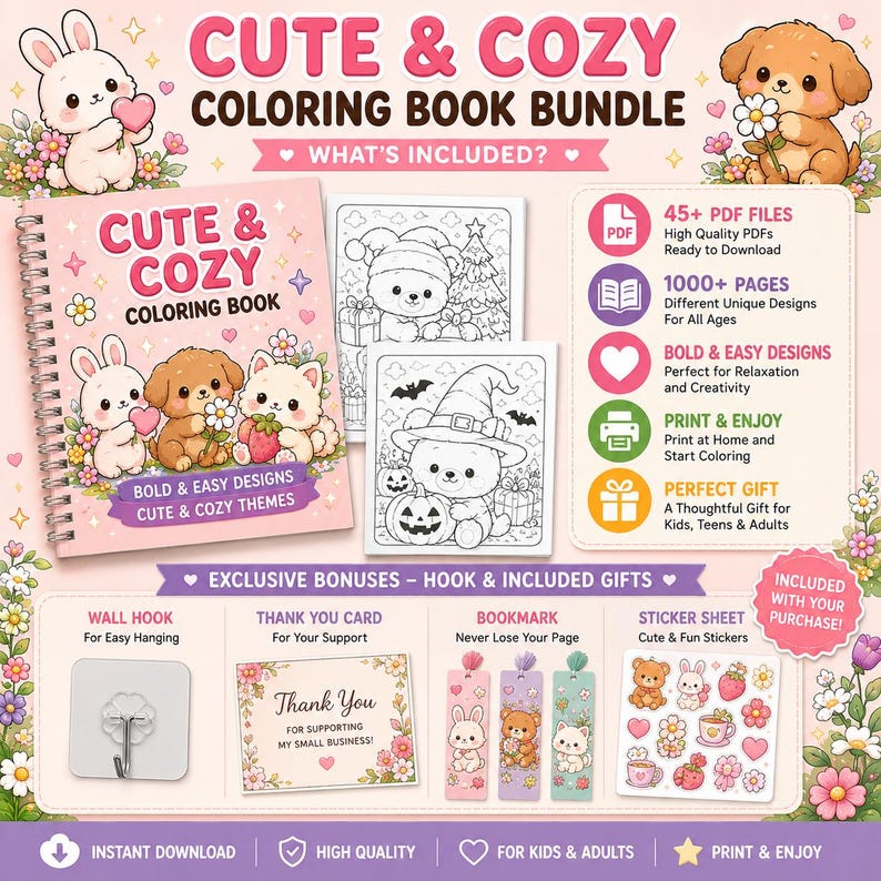 Cozy coloring book bundle with 1000 printable kawaii coloring pages for adults and teens, bold easy relaxing digital PDF download