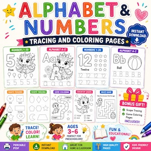 Back to School Preschool Busy Book, Alphabet & Numbers Tracing Worksheets PDF, Pre K Homeschool Printable, ABC Coloring