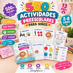 May include: A digital activity book set titled 500 Actividades Preescolares Para Niños, featuring 500+ pages and 13 PDFs. The collection includes worksheets for alphabet, numbers, animals, colouring, and shapes, with colourful illustrations of a lion, giraffe, and elephant.