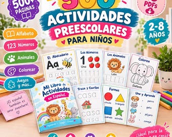 May include: A digital activity book set titled 500 Actividades Preescolares Para Niños, featuring 500+ pages and 13 PDFs. The collection includes worksheets for alphabet, numbers, animals, coloring, and shapes, with colorful illustrations of a lion, giraffe, and elephant.